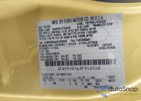 2003 Ford Mustang z USA, uszkodzony, nr VIN 1FAFP40463F342558